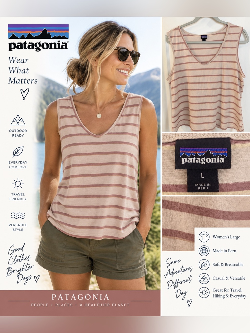 Patagonia Women’s Large Striped Sleeveless Tank Top Blush Rose Casual